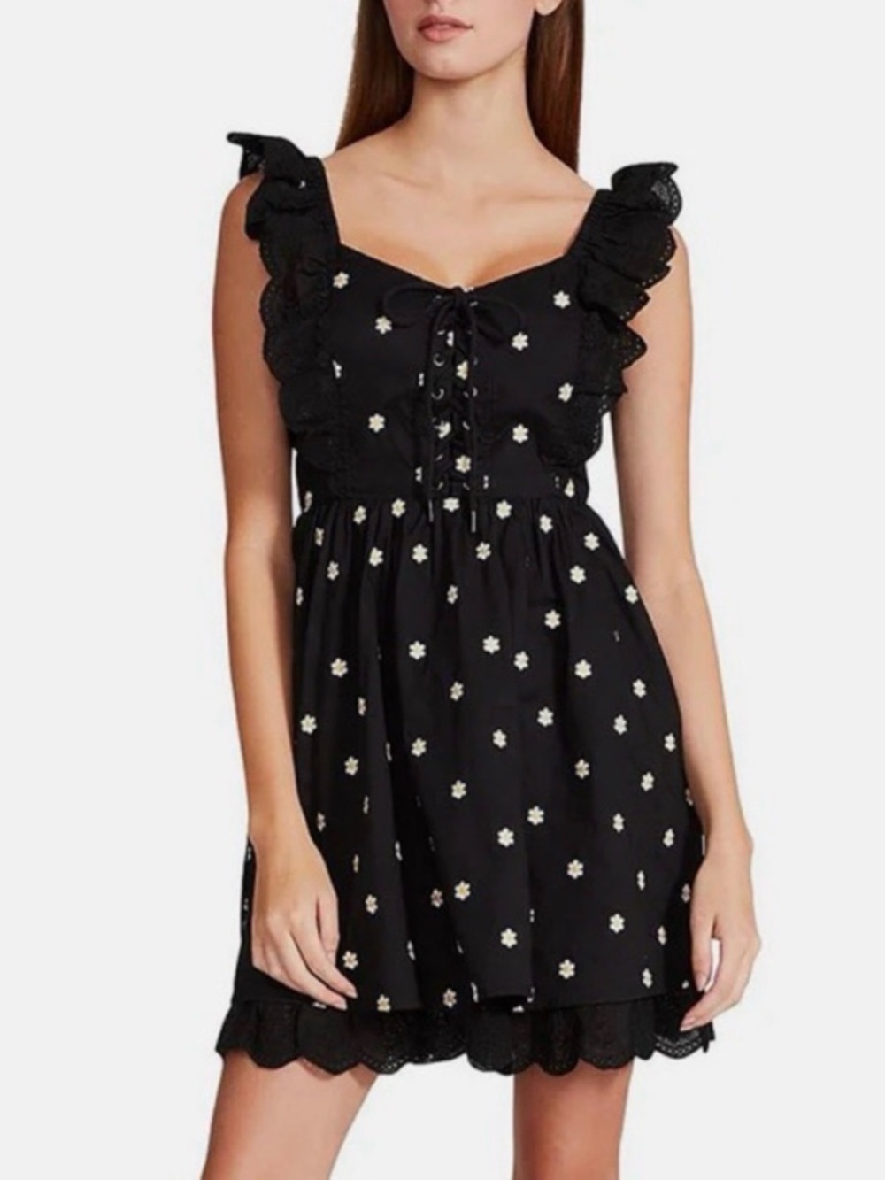 Betsey Johnson mini black daisy embroidered lace-up front dress size 6